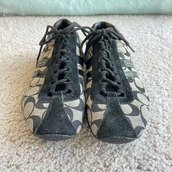 Coach Katelyn Sneakers Size 7.5 Black White Gray Suede Canvas Signature Logo