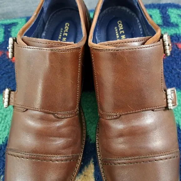 COLE HAAN Men Double Monk Strap Shoes Grand OS Brown 7.5 M Cap-Toe C29036