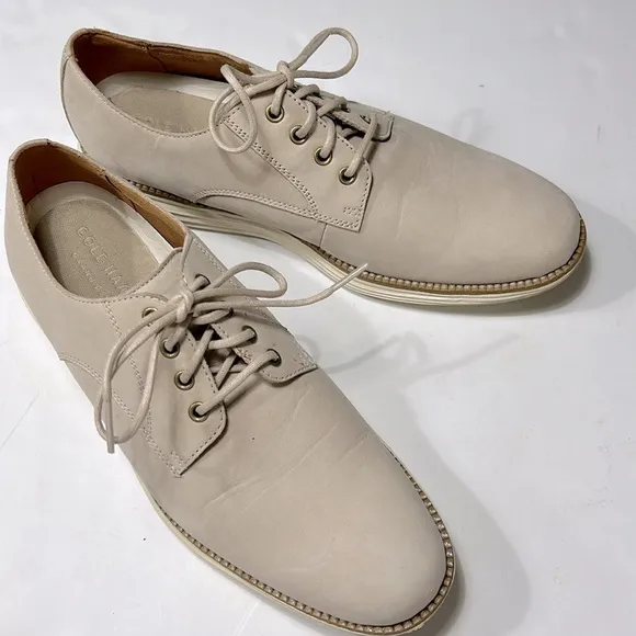 Cole Haan plain toe lace up derby shoe, beige, size 8.5