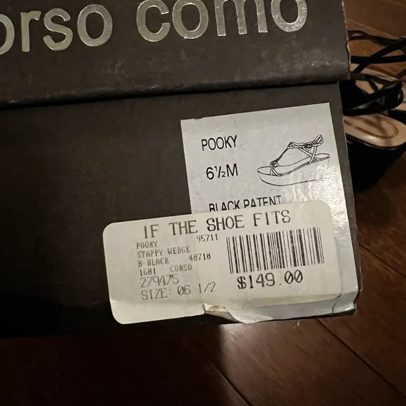 CORSO COMO Pooky Wedge Sandals  Italian Patent Leather Strappy Black Luxury 6.5
