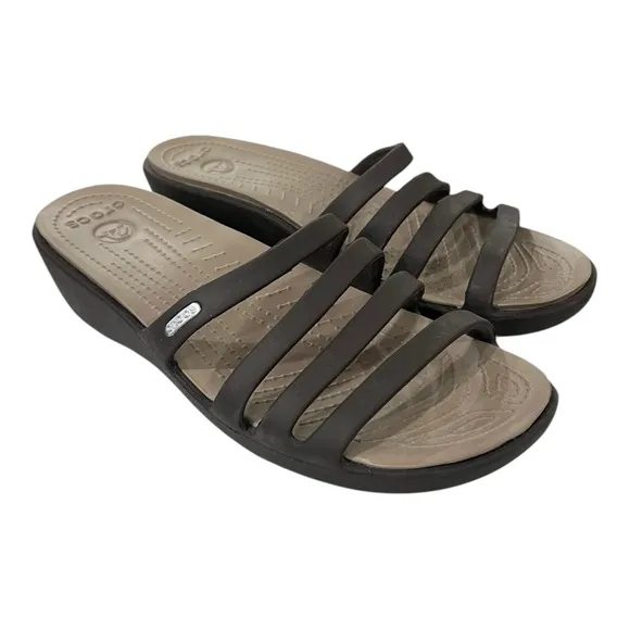Crocs Comfort Slip On Strappy Wedge Sandals Gray Women’s Size 11 Summer Preppy
