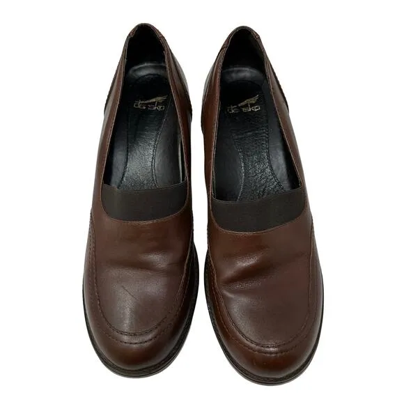 Dansko Heeled Loafer Womens 38 US 7.5-8 Brown Leather Round Toe Elastic Band
