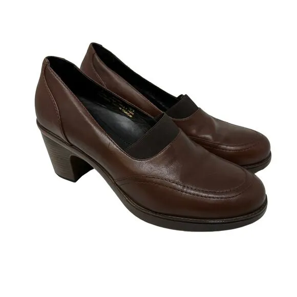 Dansko Heeled Loafer Womens 38 US 7.5-8 Brown Leather Round Toe Elastic Band