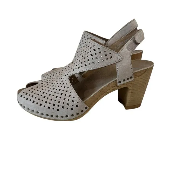 Dansko Teagan Womens Size 36 Perforated Leather Slingback Heeled Sandals Beige