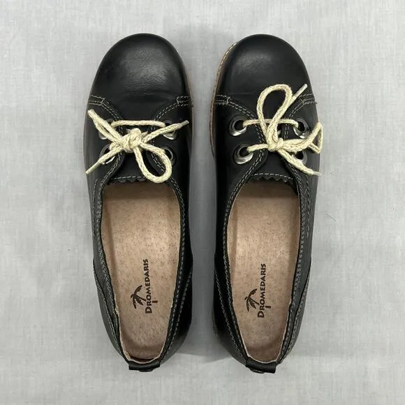 Dromedaris Patsy Boat Shoe Loafer-Black Leather-Flat-Women 37-NEW-Lace Up