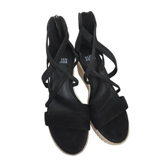 EILEEN FISHER Wanda Black Nubuck Espadrille Wedge Sandals size 5.5 New