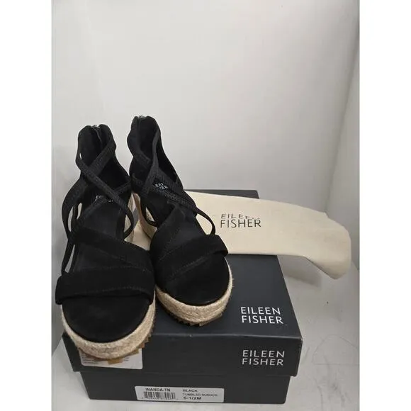 EILEEN FISHER Wanda Black Nubuck Espadrille Wedge Sandals size 5.5 New