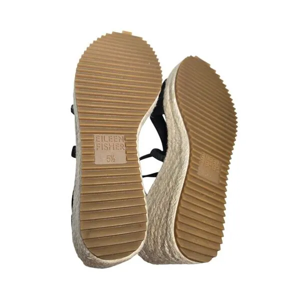 EILEEN FISHER Wanda Black Nubuck Espadrille Wedge Sandals size 5.5 New