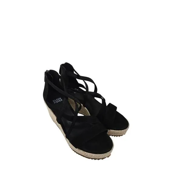 EILEEN FISHER Wanda Black Nubuck Espadrille Wedge Sandals size 5.5 New