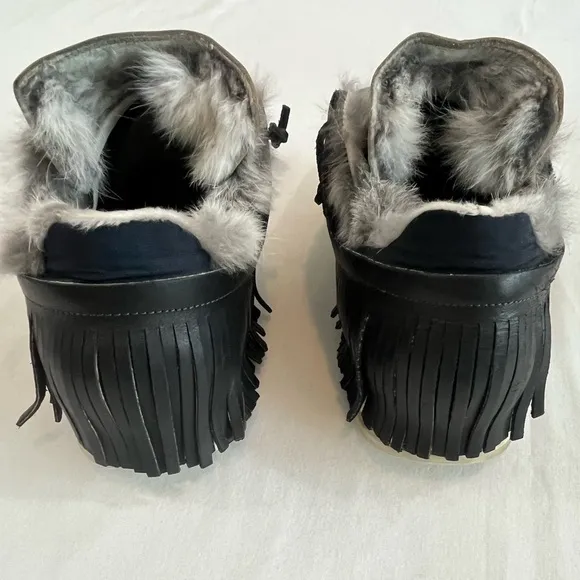 ESSEutESSE Fur Trim Black Leather Fringe Sneakers - size 40
