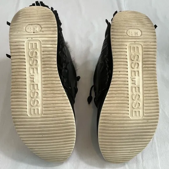 ESSEutESSE Fur Trim Black Leather Fringe Sneakers - size 40