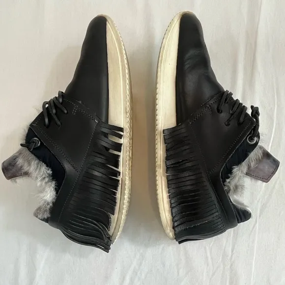 ESSEutESSE Fur Trim Black Leather Fringe Sneakers - size 40