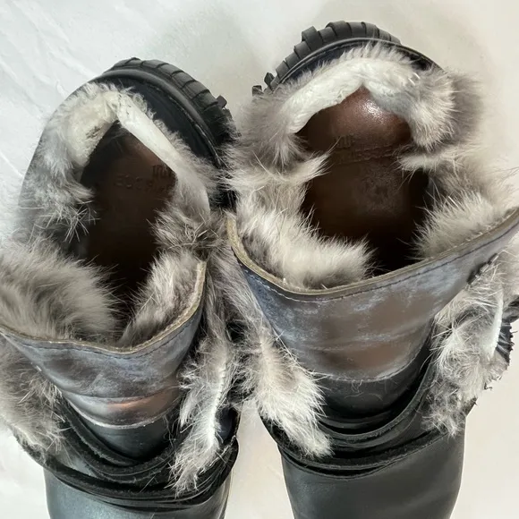 ESSEutESSE Fur Trim Black Leather Fringe Sneakers - size 40