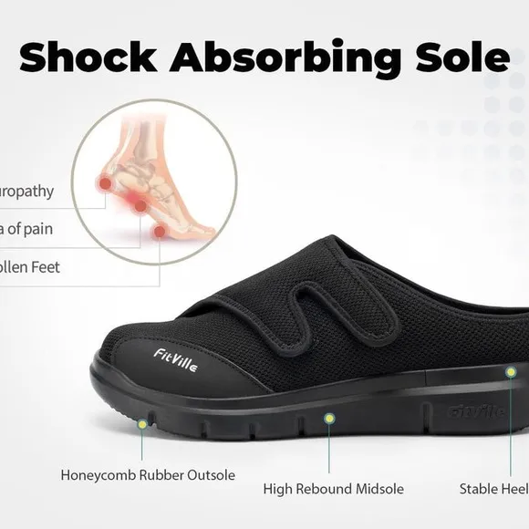 FitVille Men's Diabetic Shoes Slip-On Mules for Swollen Feet Adjustable 15EW