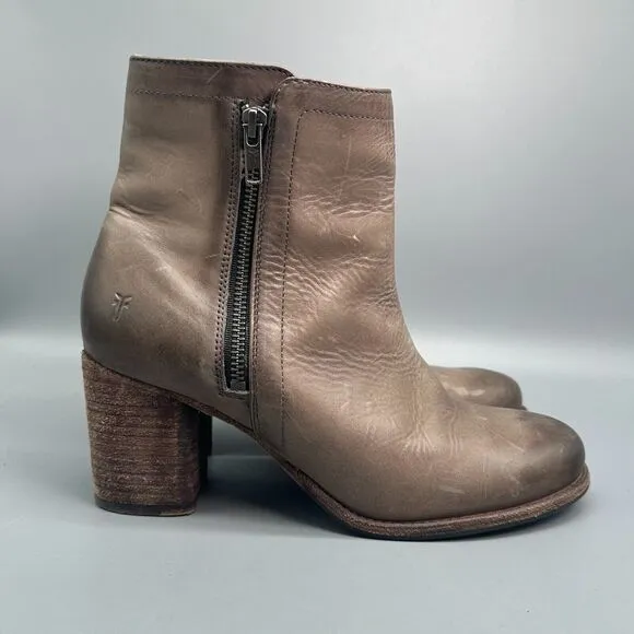 Frye Addie Women's 9.5 Brown Stone Leather Boot Double Zip Ankle Booties Heel