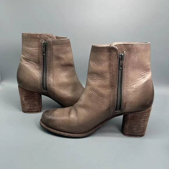 Frye Addie Women's 9.5 Brown Stone Leather Boot Double Zip Ankle Booties Heel