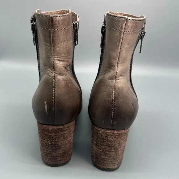 Frye Addie Women's 9.5 Brown Stone Leather Boot Double Zip Ankle Booties Heel