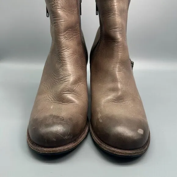 Frye Addie Women's 9.5 Brown Stone Leather Boot Double Zip Ankle Booties Heel
