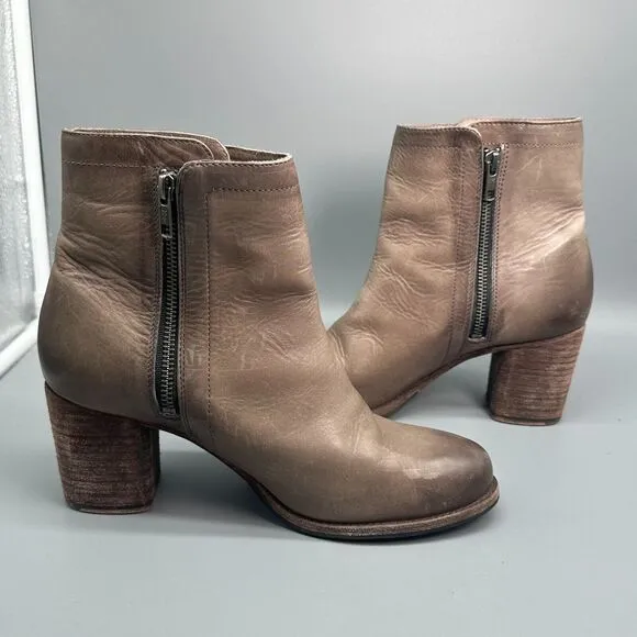 Frye Addie Women's 9.5 Brown Stone Leather Boot Double Zip Ankle Booties Heel