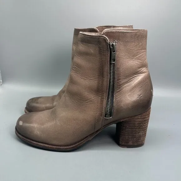 Frye Addie Women's 9.5 Brown Stone Leather Boot Double Zip Ankle Booties Heel