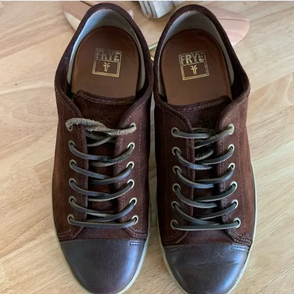 Frye Chambers Mens Low Top Suede Sneakers Brown Leather Cap-Toe Lace Up Size 11