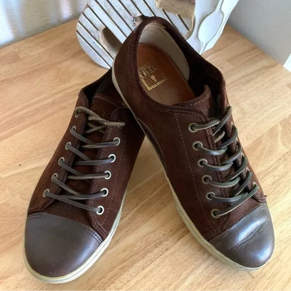 Frye Chambers Mens Low Top Suede Sneakers Brown Leather Cap-Toe Lace Up Size 11