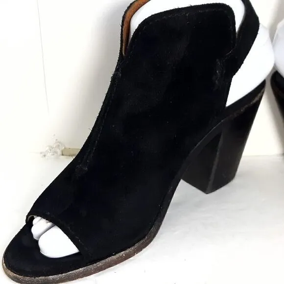 Frye Women's Courtney Black Suede Block Heel Peep Toe Slingback Booties Shoes 6B