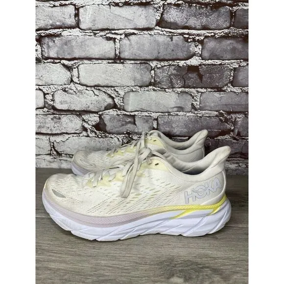 Hoka One One Clifton 8 1119394 BDBBW White Yellow Running Sneakers Sz 8B US/40EU