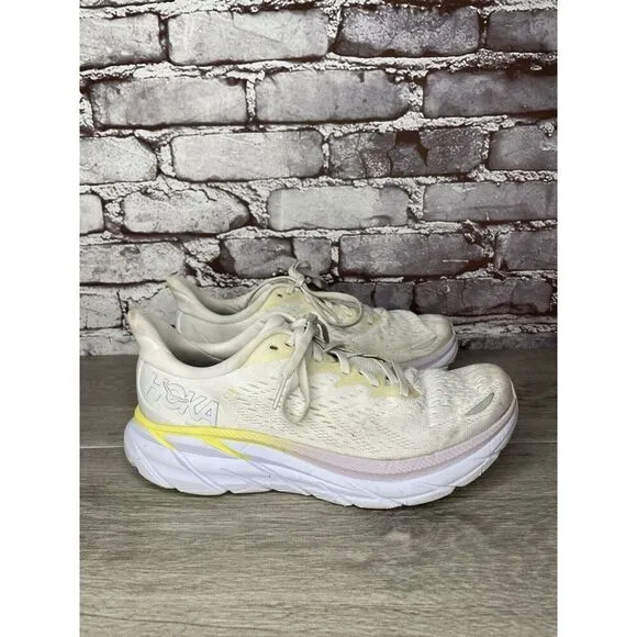 Hoka One One Clifton 8 1119394 BDBBW White Yellow Running Sneakers Sz 8B US/40EU