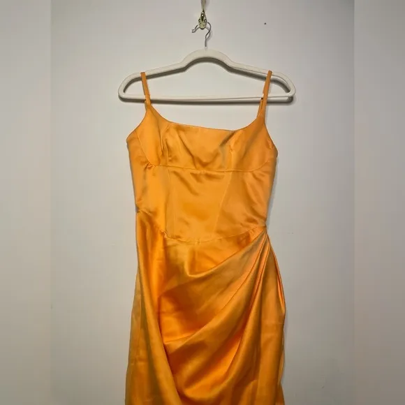 House of Cb Bianca Tangerine Satin Pleated Corset Midi Dress