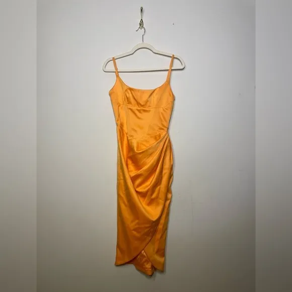 House of Cb Bianca Tangerine Satin Pleated Corset Midi Dress