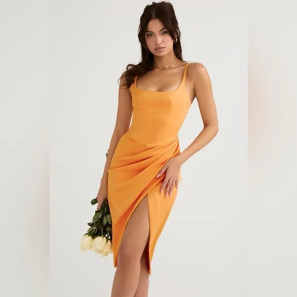 House of Cb Bianca Tangerine Satin Pleated Corset Midi Dress
