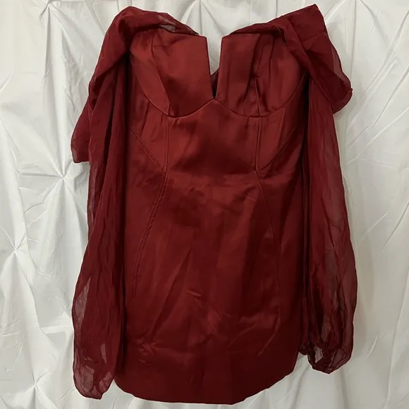 House of CB Olivia Wine Satin Off Shoulder Dress