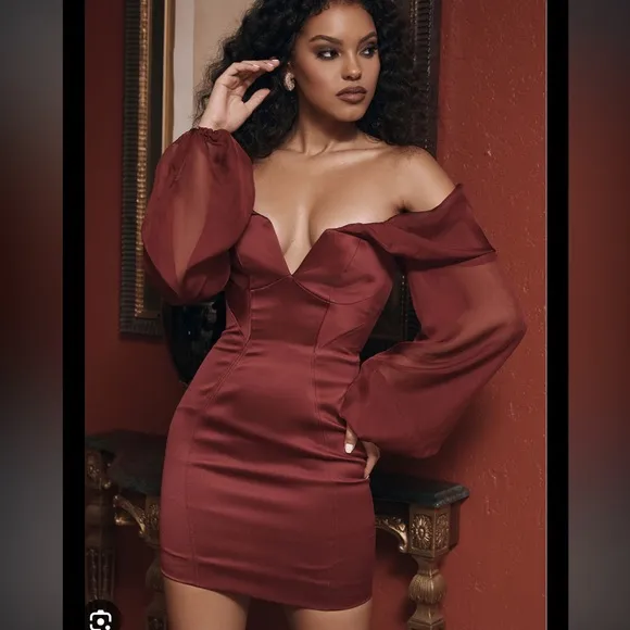 House of CB Olivia Wine Satin Off Shoulder Dress