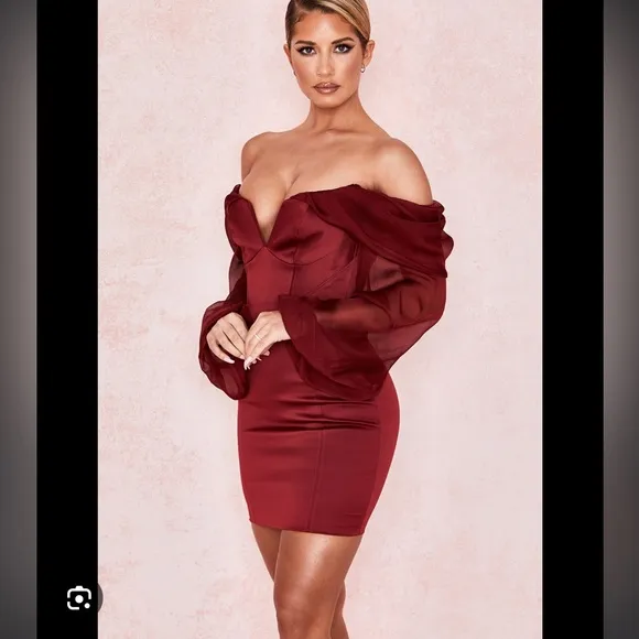 House of CB Olivia Wine Satin Off Shoulder Dress