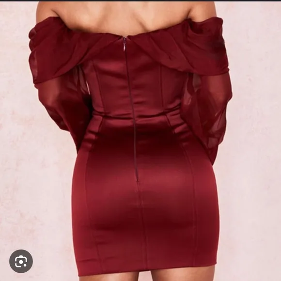 House of CB Olivia Wine Satin Off Shoulder Dress