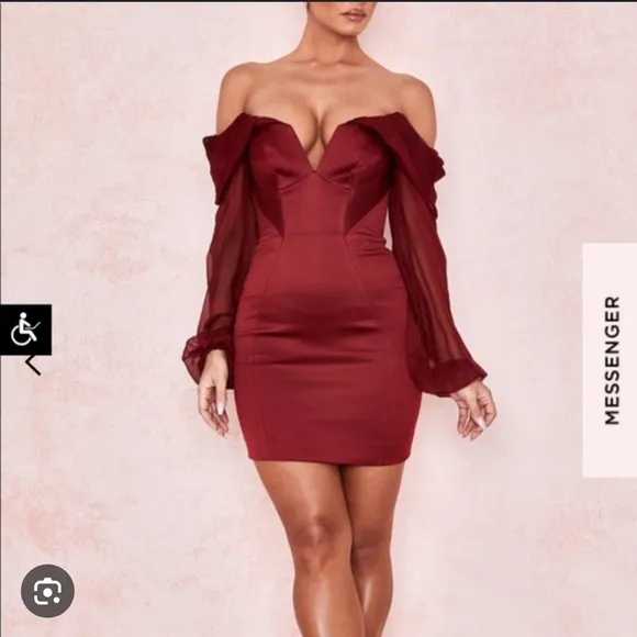 House of CB Olivia Wine Satin Off Shoulder Dress