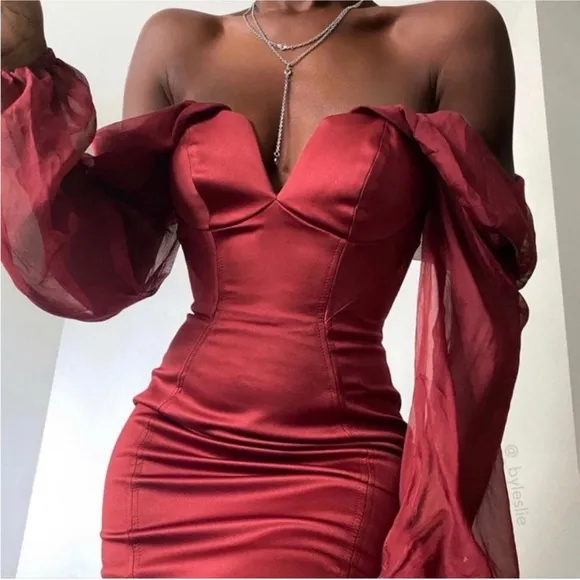 House of CB Olivia Wine Satin Off Shoulder Dress