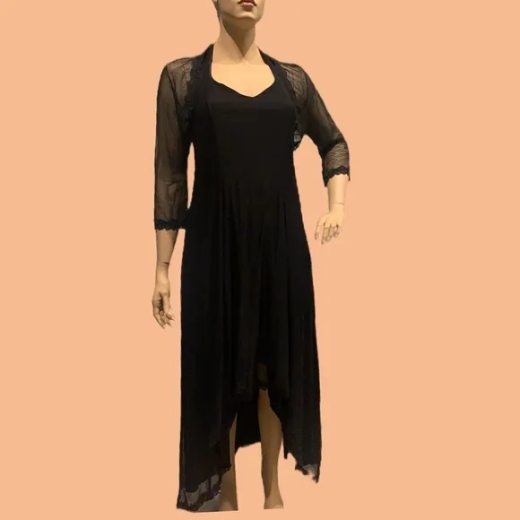 Igigi Halter Gown &amp; Shrug Size 14/16 Sheer Black on Black, Lace Trim Hi-Lo Dress