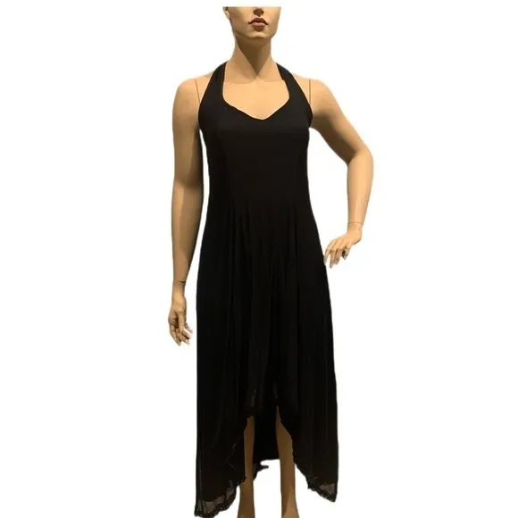Igigi Halter Gown &amp; Shrug Size 14/16 Sheer Black on Black, Lace Trim Hi-Lo Dress