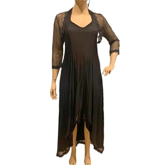 Igigi Halter Gown &amp; Shrug Size 14/16 Sheer Black on Black, Lace Trim Hi-Lo Dress