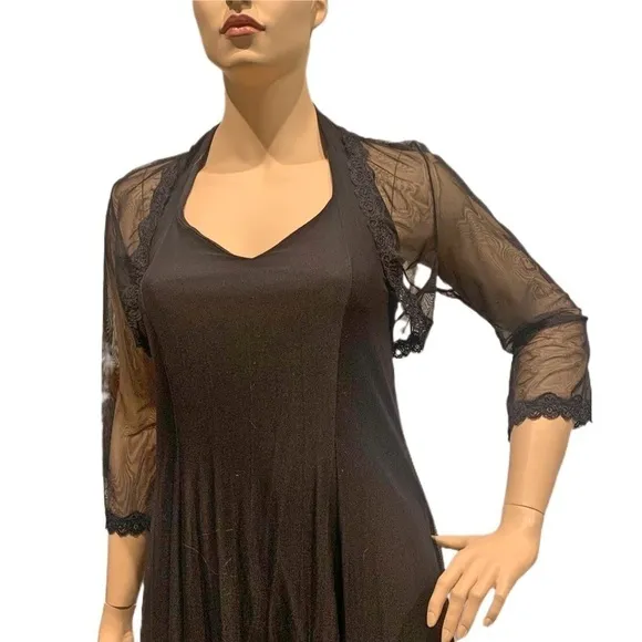 Igigi Halter Gown &amp; Shrug Size 14/16 Sheer Black on Black, Lace Trim Hi-Lo Dress