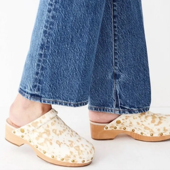 J. Crew Calf Hair Convertible Strap Leather Clog Size 8.5 White / Tan