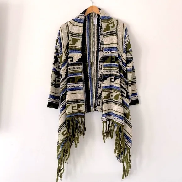 J. Jill Olive Green Ethnic Patterned Knit Kimono Coverup Open Sweater Boho sz S