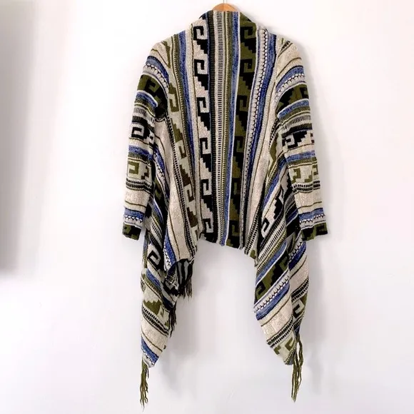 J. Jill Olive Green Ethnic Patterned Knit Kimono Coverup Open Sweater Boho sz S