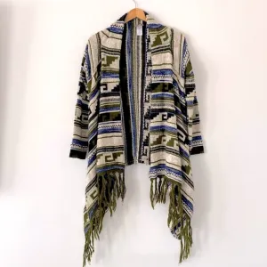 J. Jill Olive Green Ethnic Patterned Knit Kimono Coverup Open Sweater Boho sz S