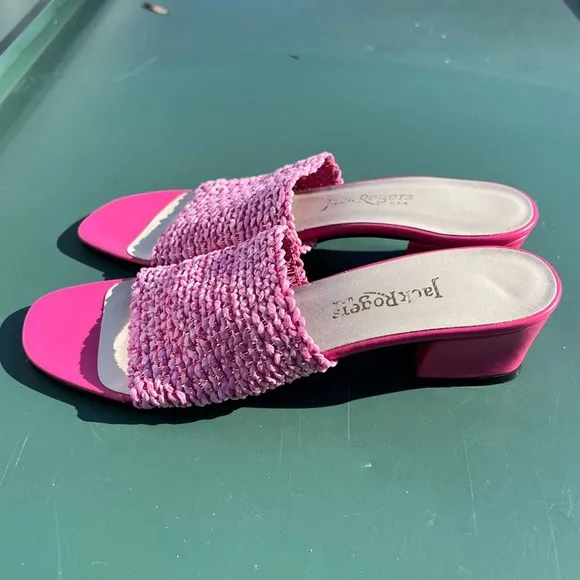 Jack Rogers USA pink heeled square toe wicker woven heels
