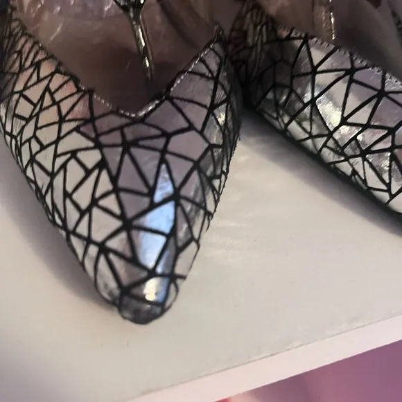 Jeffrey Campbell handmade silver ankle wrap pointy toe high heel shoes size 9.5