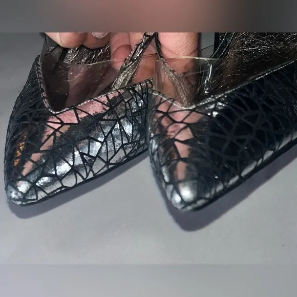 Jeffrey Campbell handmade silver ankle wrap pointy toe high heel shoes size 9.5