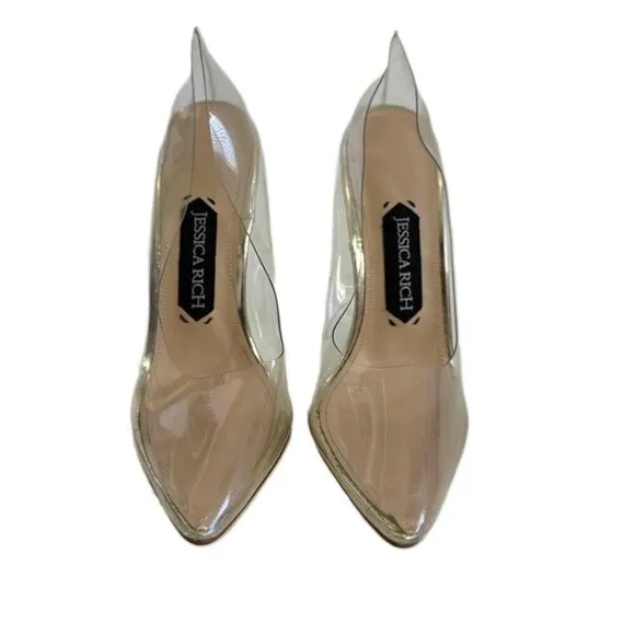 Jessica Rich Gold Clear PVC Upper Gold Stiletto Heel Pointed Toe Shoes 37